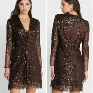 NEW French Connection Brown Long Sleeve Sequin Sheath Dress‎ Women’s Sz 6 NWT